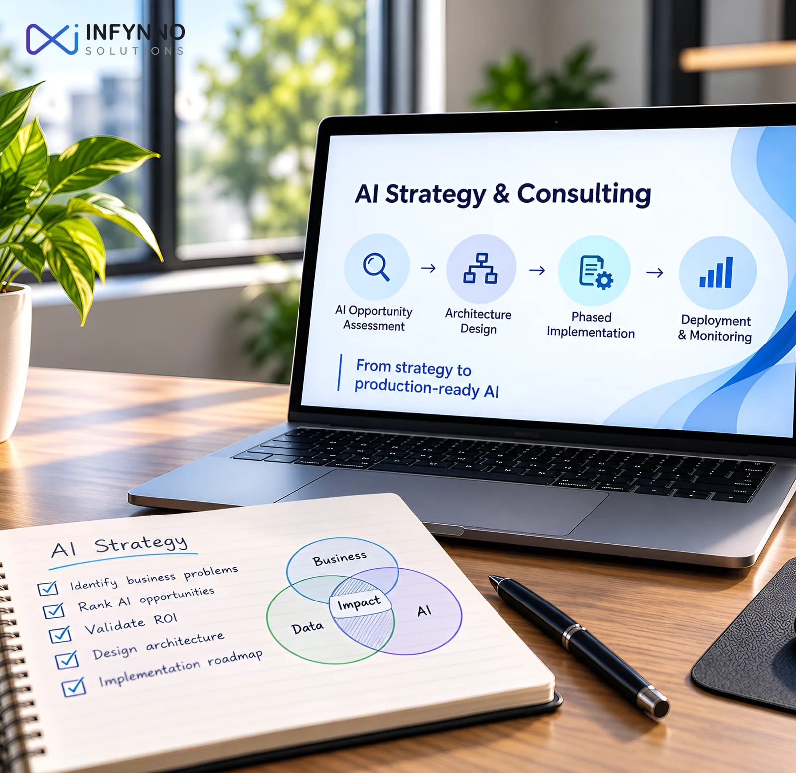 AI strategy and consulting: opportunity assessment, architecture design, phased implementation and deployment