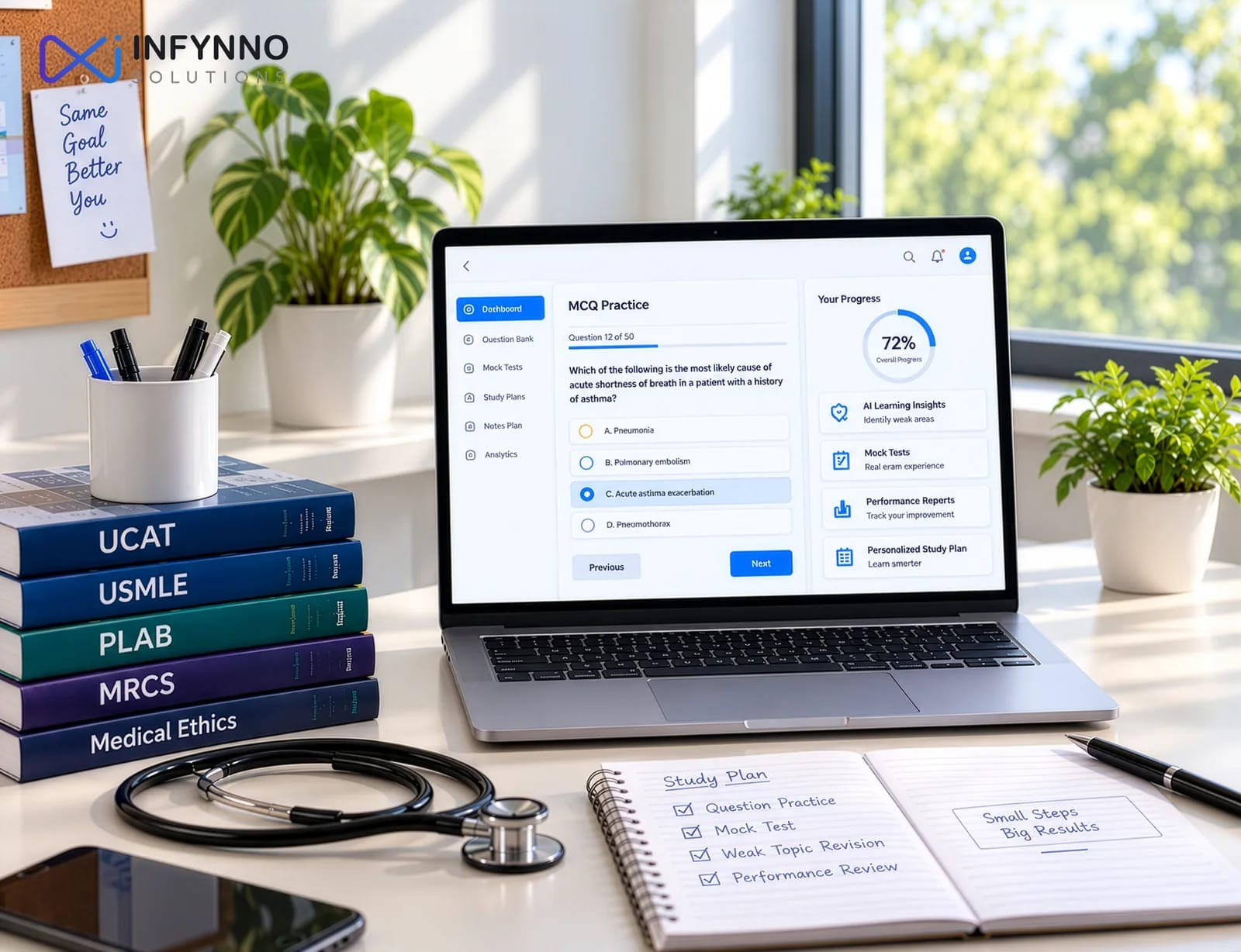 Medical entrance exam platform for UCAT, USMLE, PLAB and MRCS with MCQ practice, mock tests and performance reports