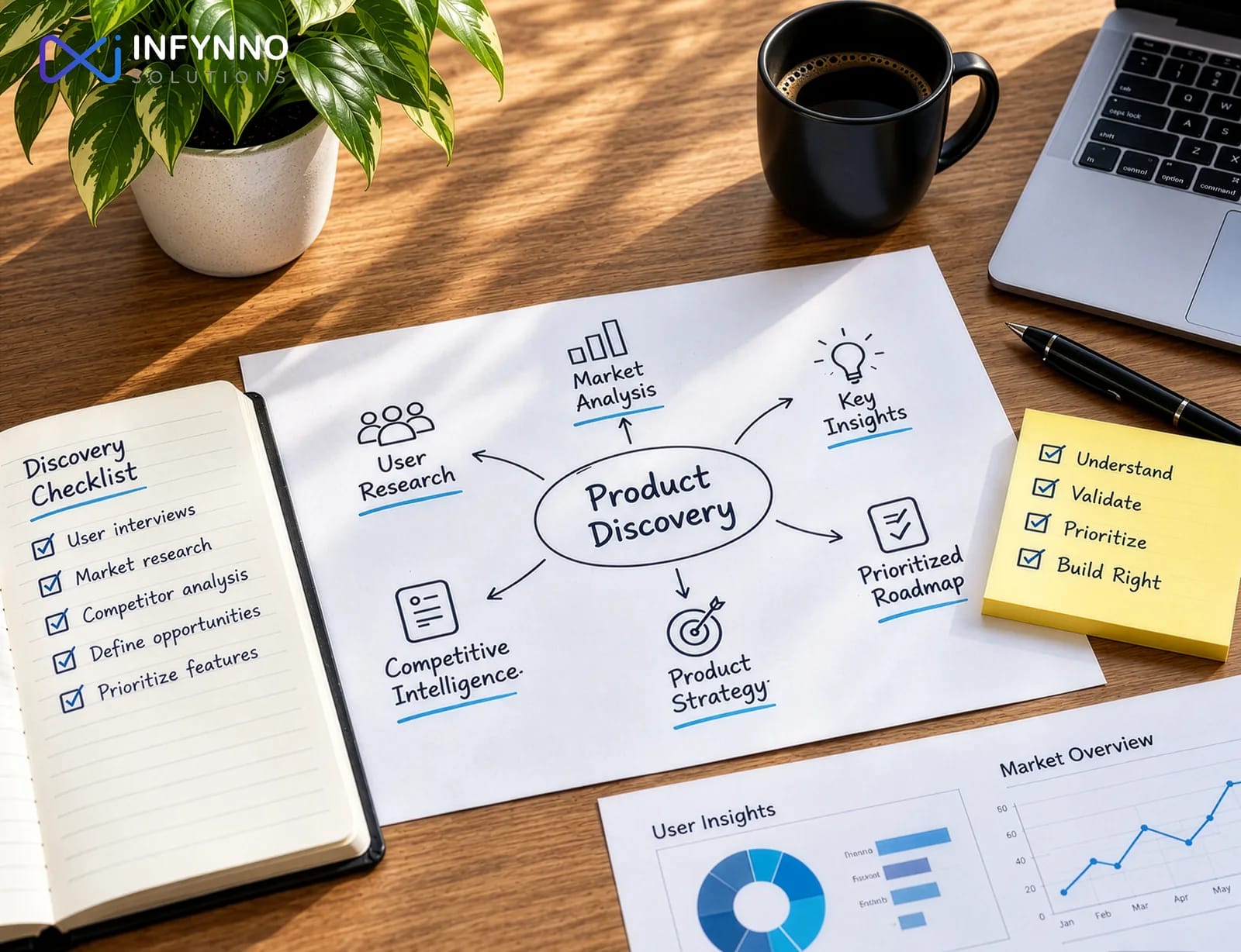Product discovery and research: user research, market analysis, competitive intelligence, key insights and a prioritized roadmap