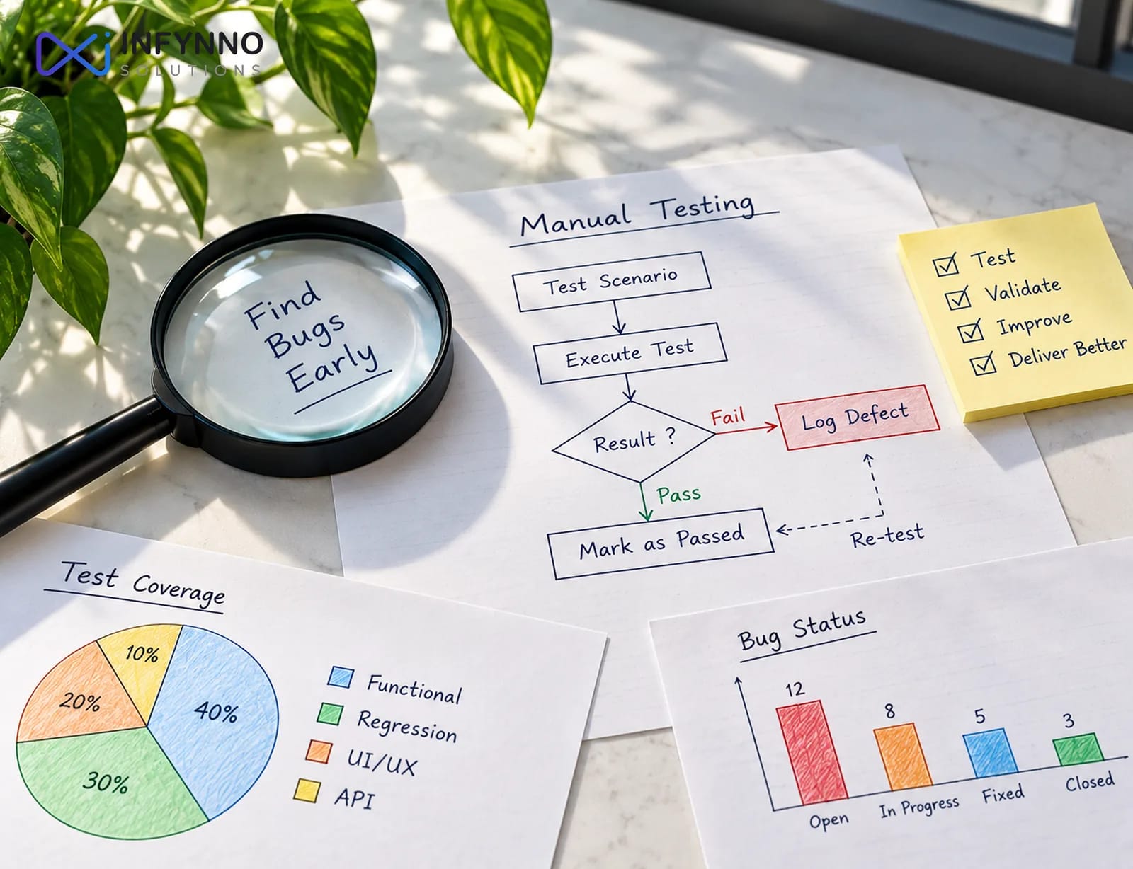 Manual testing and QA: test scenarios, defect logging, test coverage and bug status to find bugs early