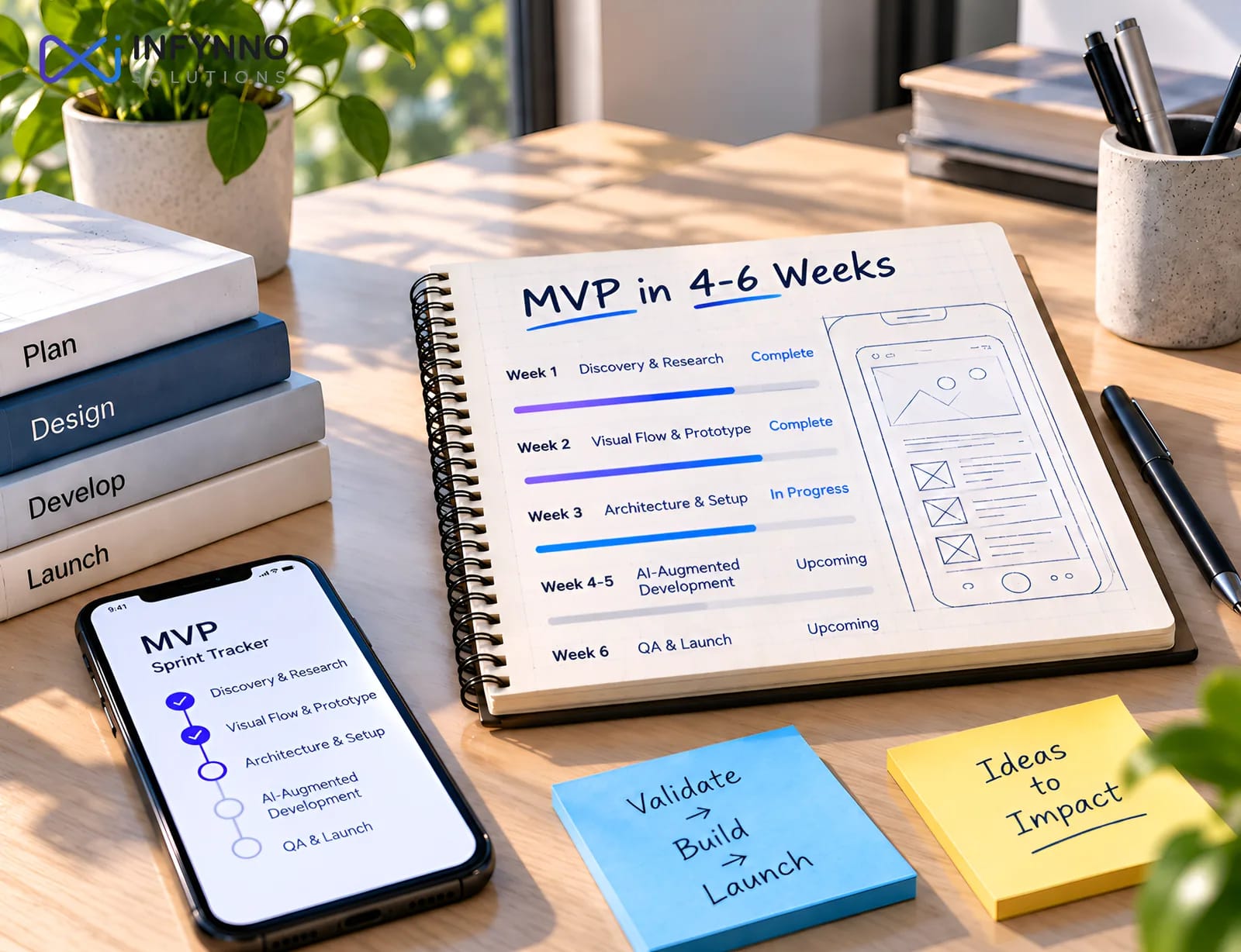 MVP development: an MVP in 4-6 weeks with a weekly sprint tracker from discovery to launch