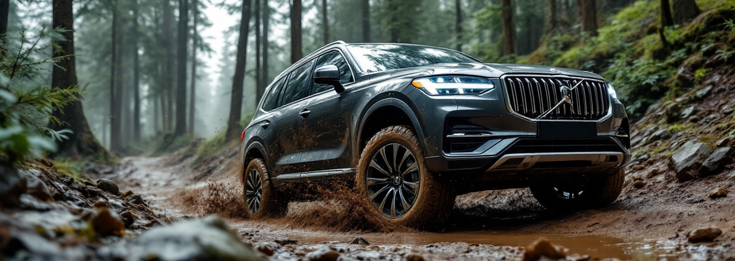 SUV on rugged mountain trail at sunset